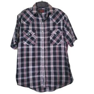 Plains Western Wear Men's Short Sleeve Black Plaid Pearl Snap Cowboy Shirt